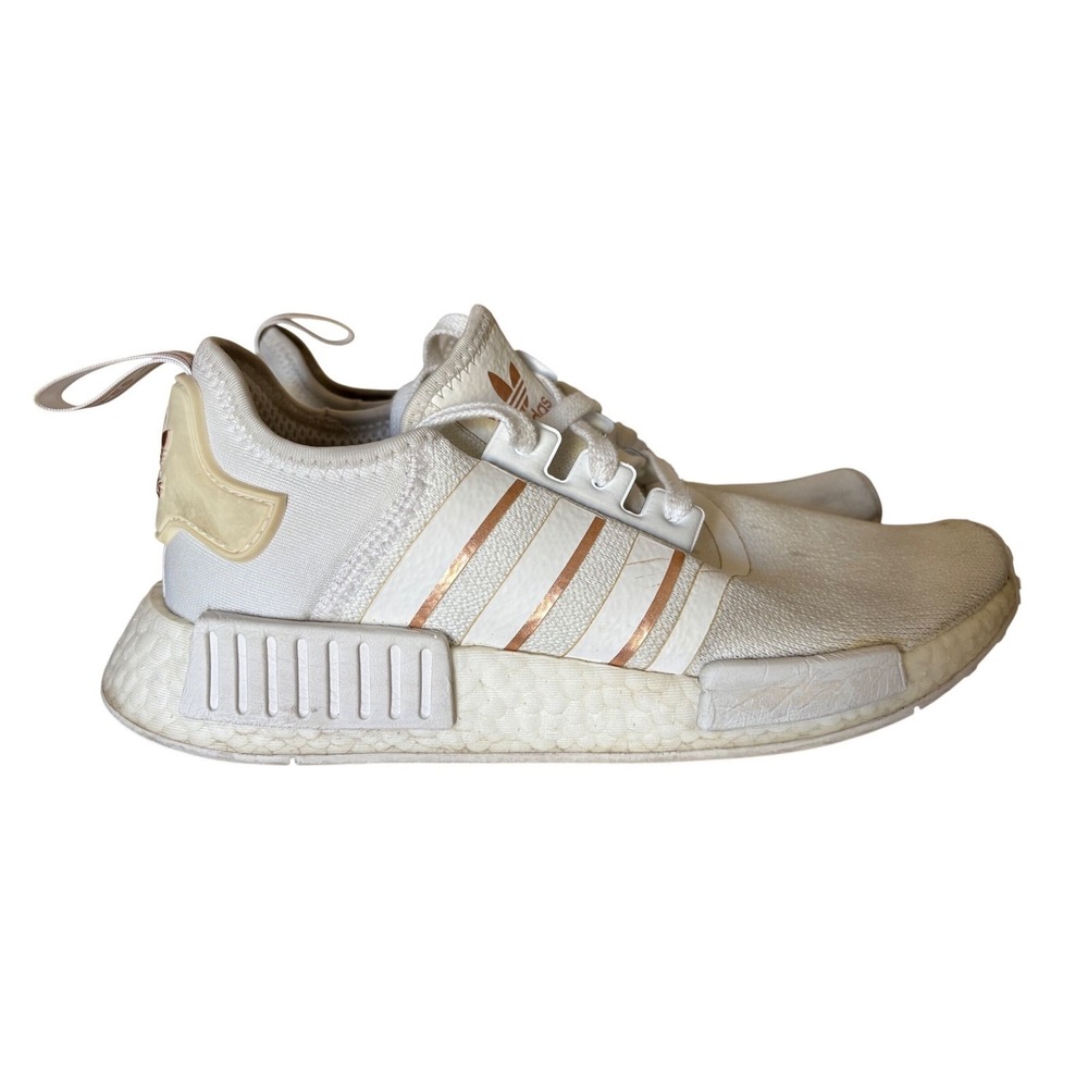 Adidas Boost Women's 9.5 White Rose Gold‎ Stripes Sneakers Shoes Activewear READ